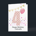 Confetti Pink Polka Dot 4th Birthday Card<br><div class="desc">A colorful pink 4th birthday card for girls, which you can personalize with her name. The front of this colorful 4th birthday card for her features the number four in a pink polka dot with a pink balloon ready to float away.The background has some colorful confetti and a soft gold...</div>