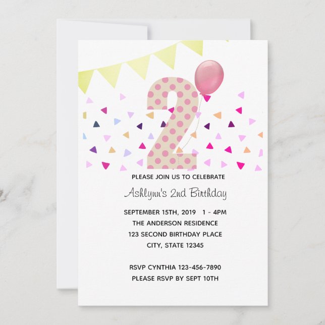 Confetti Pink Polka Dot Gold 2nd Birthday Girl Invitation (Front)