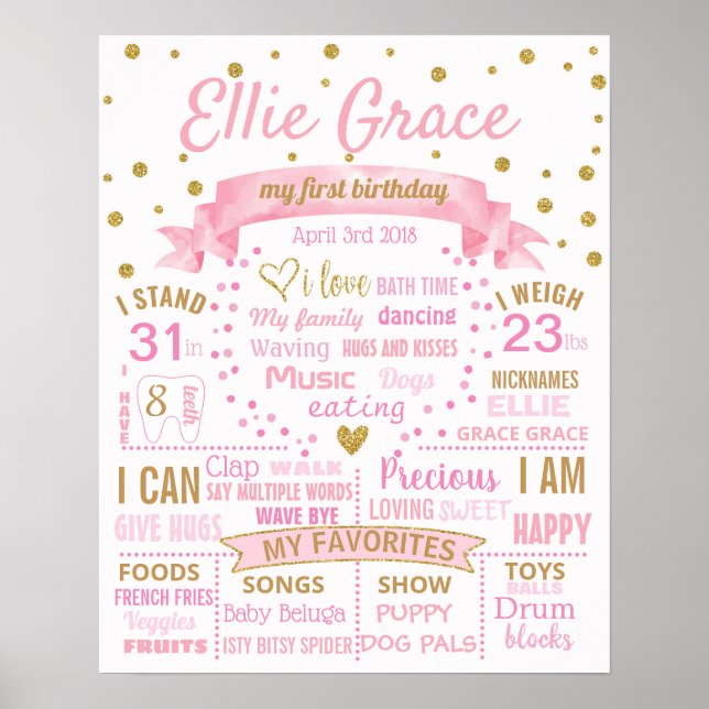 Confetti Polka Dots First Birthday Party sign girl (Front)