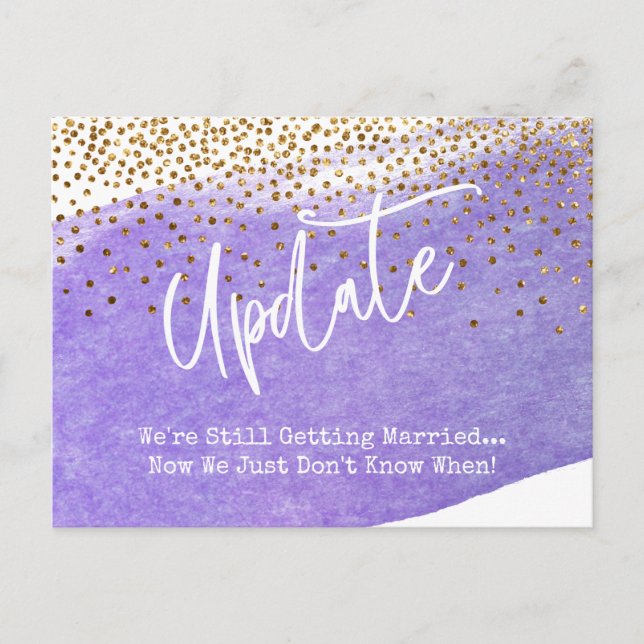 Confetti Purple Brush Postponed Wedding Update Postcard (Front)