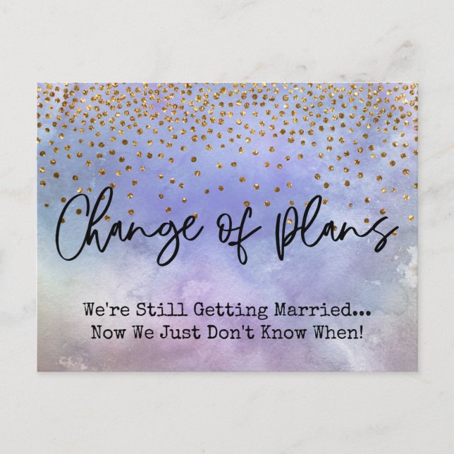 Confetti Purple Change of Plans Postponed Wedding Postcard (Front)