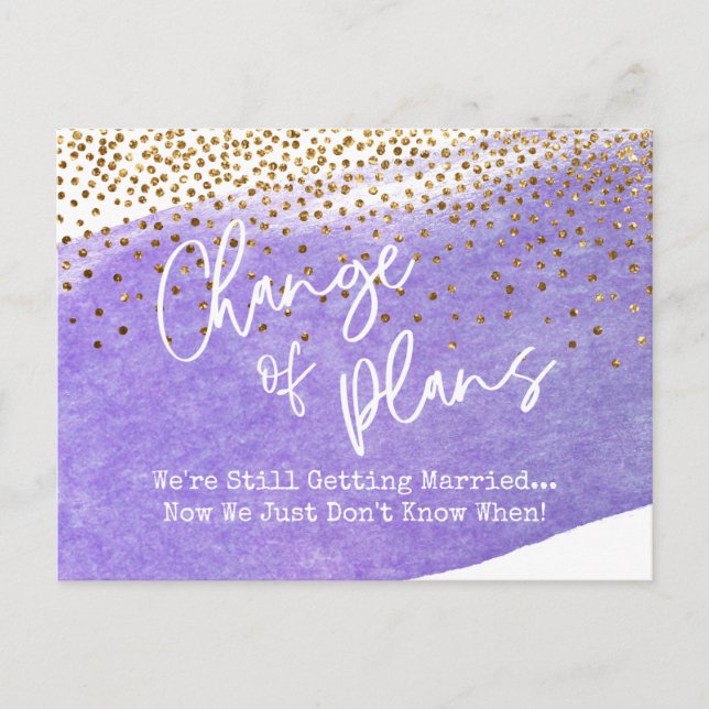 Confetti, Purple Change of Plans Postponed Wedding Postcard (Front)
