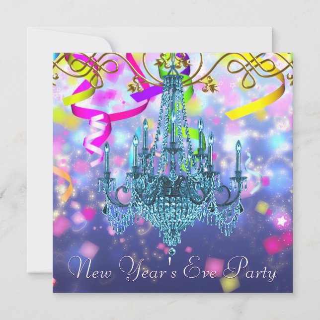 Confetti Purple Teal Blue Chandelier New Years Eve Invitation (Front)