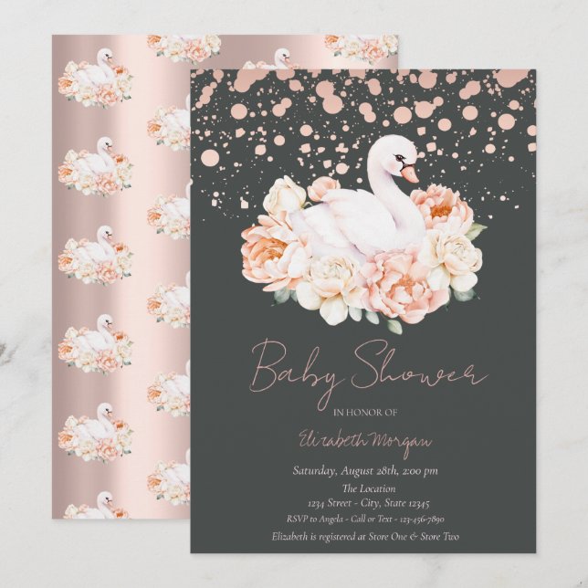 Confetti Rose Gold Floral Baby Swan Baby Shower Invitation (Front/Back)
