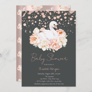 Confetti Rose Gold Floral Baby Swan Baby Shower Invitation