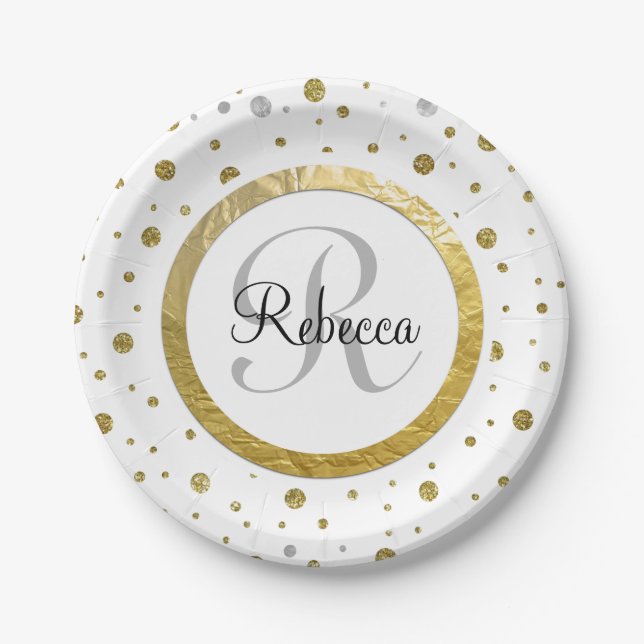 Confetti Silver/Gold Monogram Paper Plate (Front)