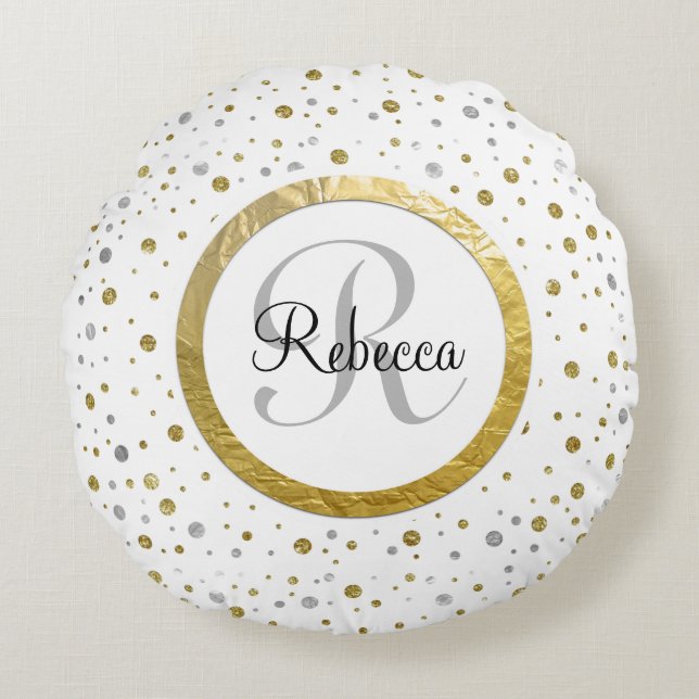 Confetti Silver/Gold Monogram Round Cushion (Front)