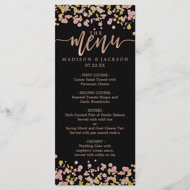 Confetti Sparkle Shine Rose Gold Wedding Menu (Front)