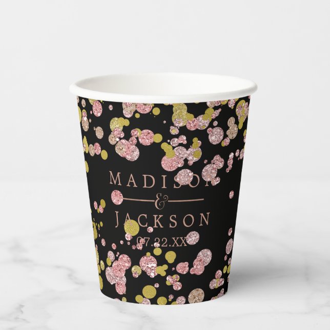 Confetti Sparkle Shine Rose Gold Wedding Monogram Paper Cups (Front)