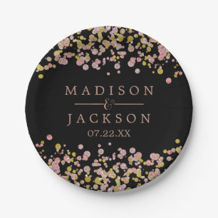 Confetti Sparkle Shine Rose Gold Wedding Monogram Paper Plate