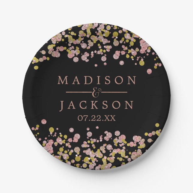 Confetti Sparkle Shine Rose Gold Wedding Monogram Paper Plate (Front)