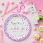 Confetti sprinkles birthday party decor for girls paper plate<br><div class="desc">Confetti birthday party plates! Featuring fun coloured confetti circles sprinkles of pink,  purple,  lilac and soft grey all around with your birthday girl's info in the centre.  "Party Time" in fun script font with your daughter's information below.</div>