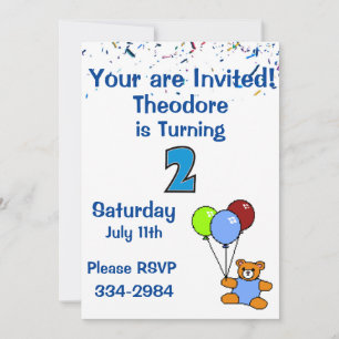 Confetti, Teddy Bear, Balloons Boys 2nd Birthday Invitation