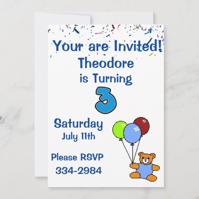 Confetti, Teddy Bear, Balloons Boys 3rd  Birthday Invitation (Front)