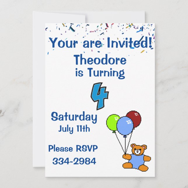 Confetti, Teddy Bear, Balloons Boys 4th Birthday Invitation (Front)