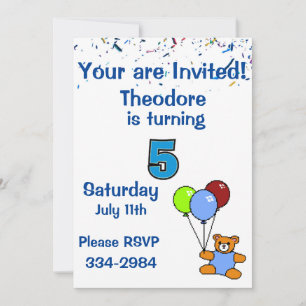 Confetti, Teddy Bear, Balloons Boys 5th  Birthday Invitation
