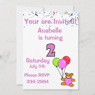 Confetti, Teddy Bear, Balloons Girl's 2nd Birthda Invitation