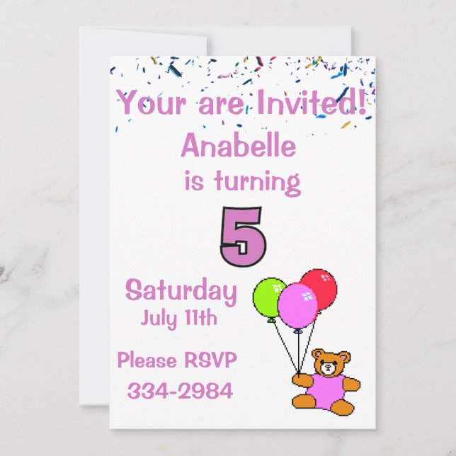 Confetti, Teddy Bear, Balloons Girl's 5th Birthday Invitation (Front)