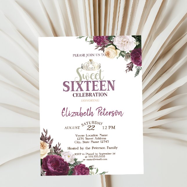 Confetti Tiara Burgundy Flowers Sweet 16 Party Invitation (Creator Uploaded)