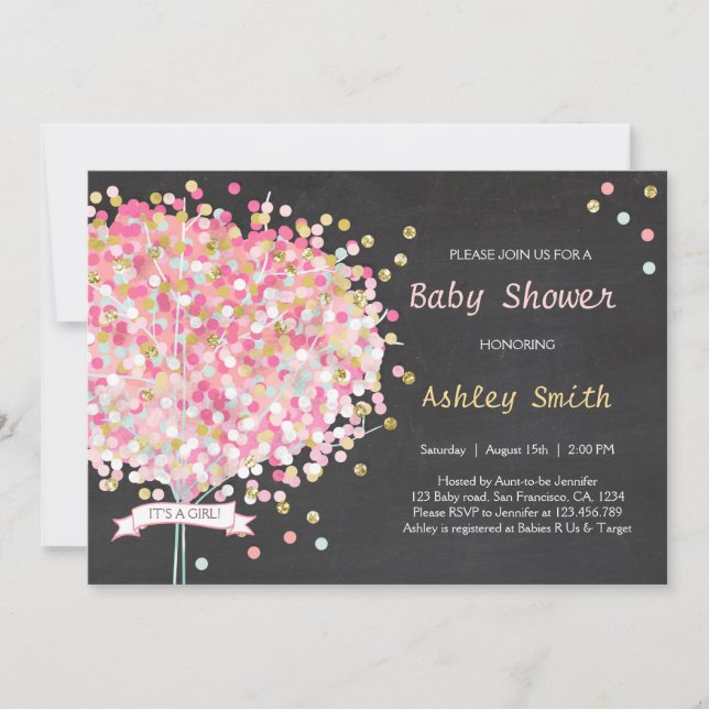 Confetti Tree Baby Shower Invitation Pink Gold (Front)