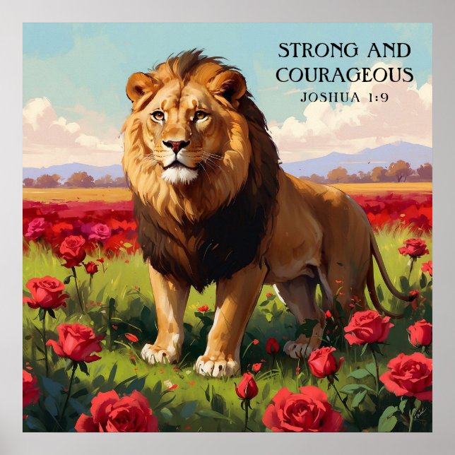 Confident Lion in Red Rose Field Faith Painting Poster (Front)