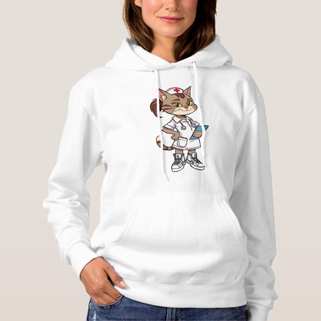 Confident Nurse Cat – 90s Cartoon Style Hoodie (Front)