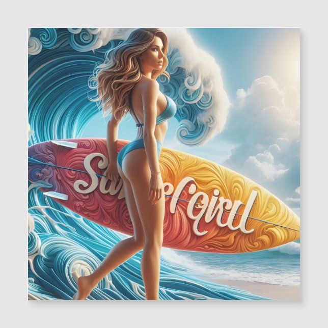 Confident Surfer Girl Walking Beach Waves Art (Front)