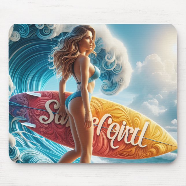Confident Surfer Girl Walking Beach Waves Art Mouse Mat (Front)