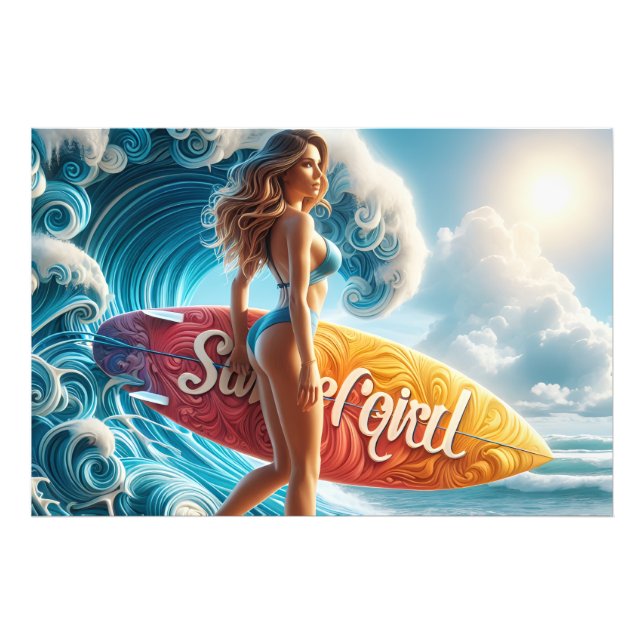 Confident Surfer Girl Walking Beach Waves Art Photo Print (Front)