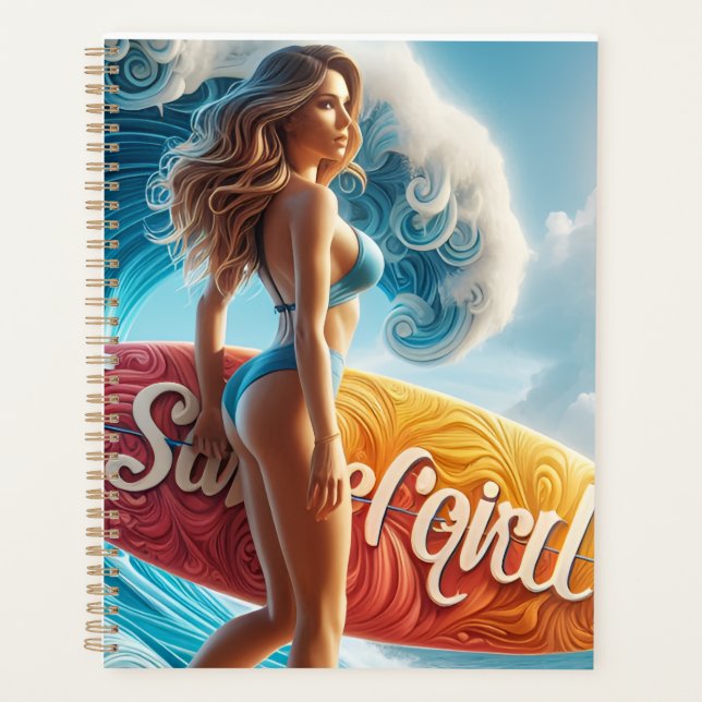 Confident Surfer Girl Walking Beach Waves Art Planner (Front)