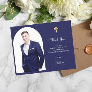 Confirmantion photo boy navy blue thank you card