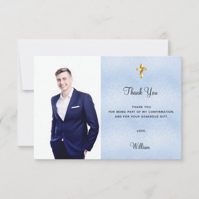 Confirmantion photo cross blue boy thank you card (Front)