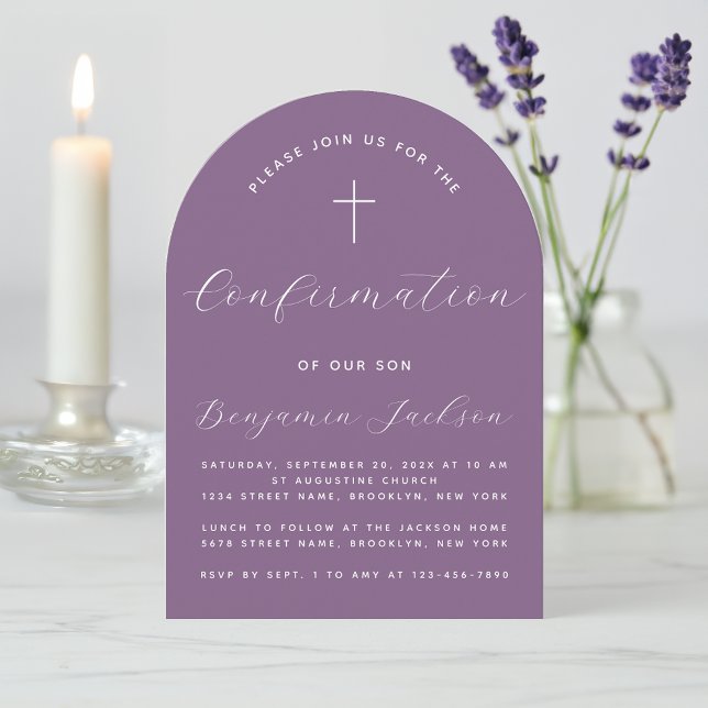 Confirmation Arch Dusty Purple Modern Script Cross Invitation (Creator Uploaded)