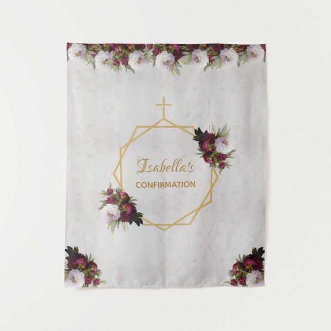 Confirmation Backdrop Gold Burgundy Peonies Marble Tapestry (Front)