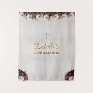 Confirmation Backdrop Marble Gold Burgundy Peonies Tapestry