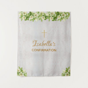 Confirmation Backdrop   Marble Gold Cross Lilies Tapestry