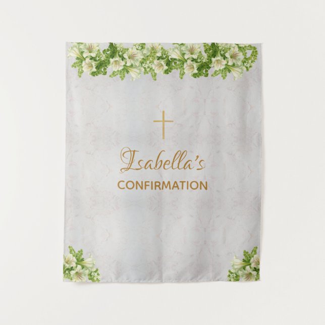 Confirmation Backdrop | Marble Gold Cross Lilies Tapestry (Front)