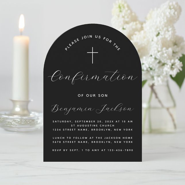 Confirmation Black Arch Simple Modern Script Cross Invitation (Creator Uploaded)