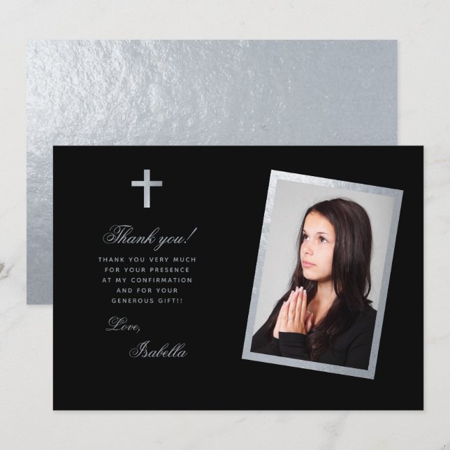 Confirmation Black Faux Silver Photo Calligraphy  Thank You Card (Front/Back)