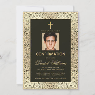 Confirmation Black Gold Boy Photo Vintage Floral Invitation