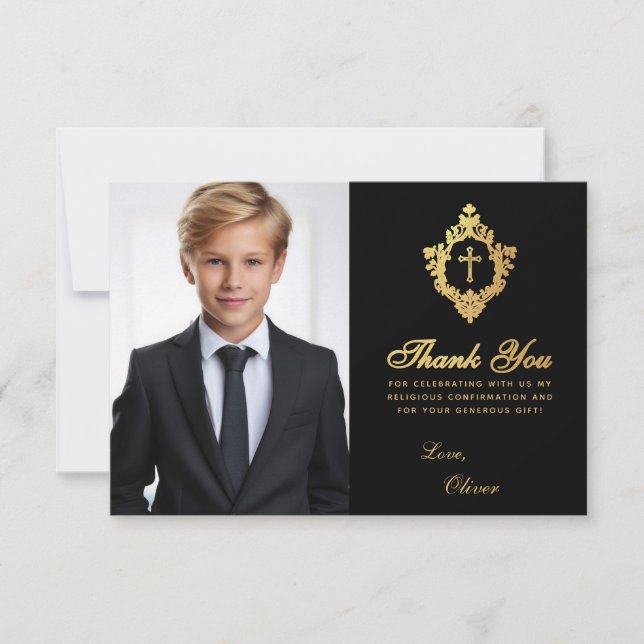 Confirmation Black Gold Crest Elegant Boy Photo Thank You Card (Front)