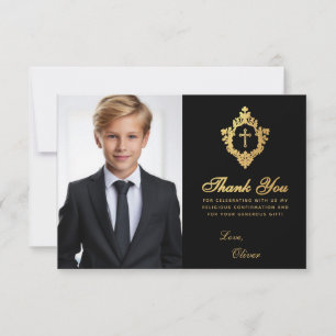 Confirmation Black Gold Crest Elegant Boy Photo Thank You Card