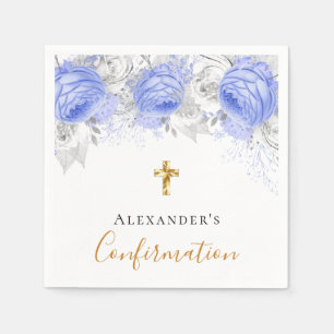 Confirmation blue floral white name boy guy napkin