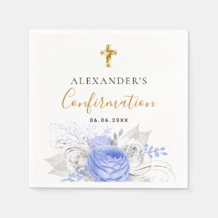 Confirmation blue floral white name boy guy napkin