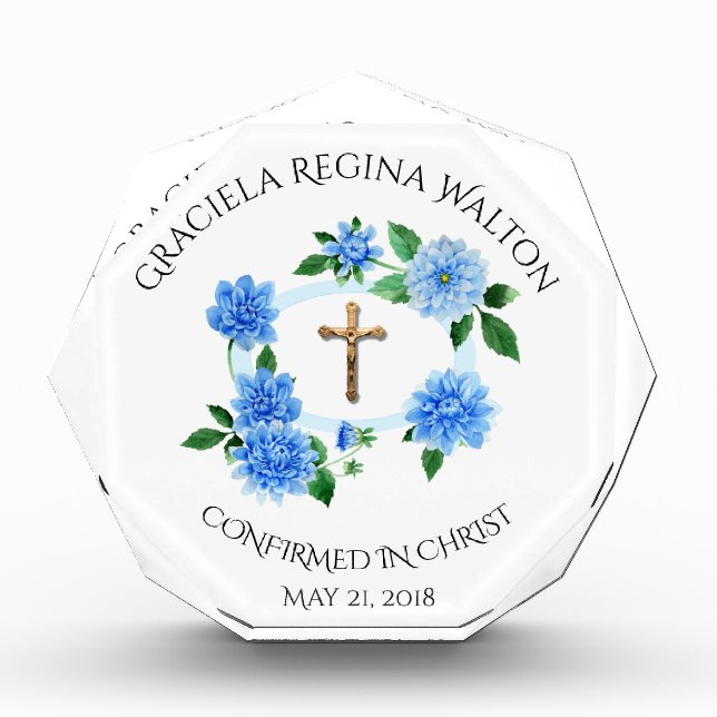 Confirmation Blue Floral Wreath Crucifix Photo Block (Front)