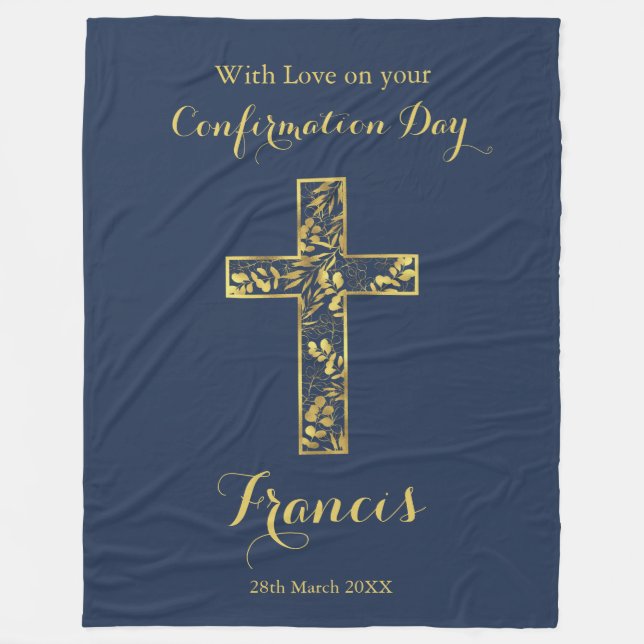 Confirmation blue gold cross boy name fleece blank (Front)