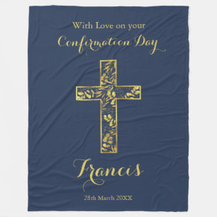 Confirmation blue gold cross boy name fleece blank blanket
