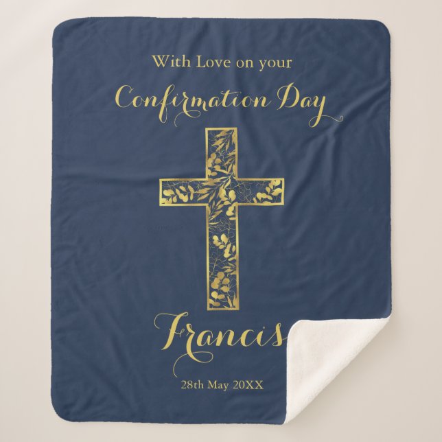 Confirmation blue gold cross boys sherpa blanket (Front)