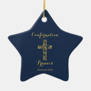 Confirmation blue gold cross ceramic ornament