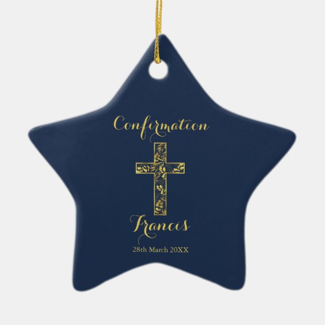 Confirmation blue gold cross ceramic ornament (Front)